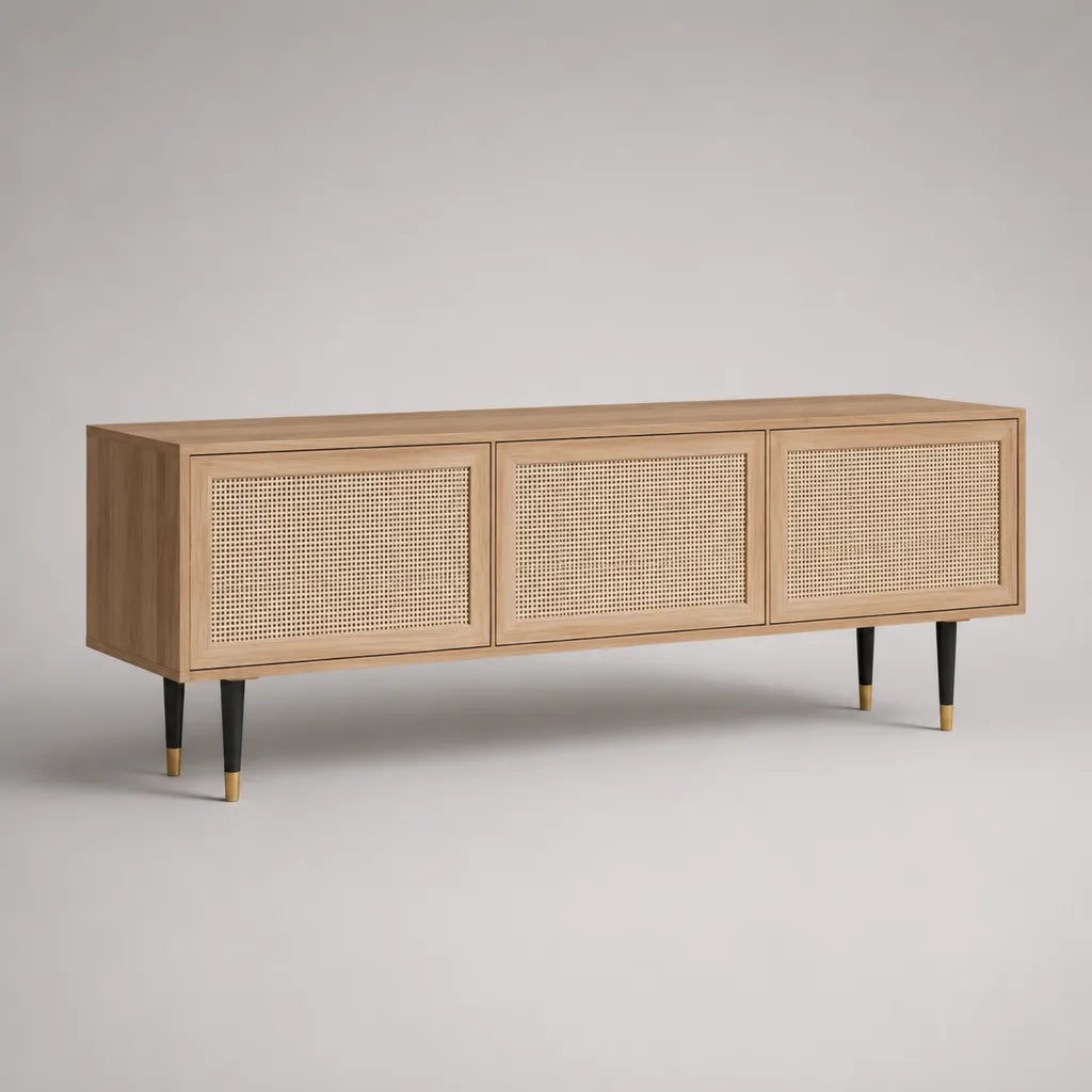 Mobile TV rettangolare in MDF impiallacciato rovere e rattan con 3 ante, marrone chiaro, beige, nero e oro, 160 ¡Á 40 ¡Á 65 cm