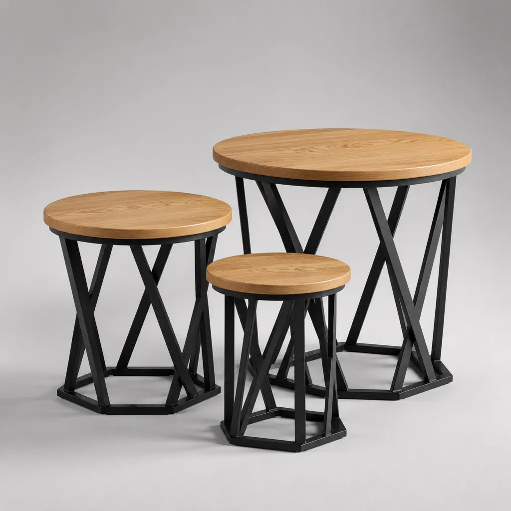 Set di 3 tavolini rotondi in MDF e acciaio nero, ?75 x 65 cm, ?60 x 50 cm e ?40 x 40 cm
