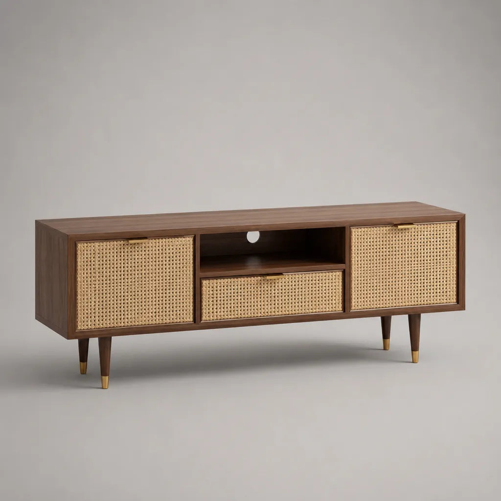 Mobile TV basso rettangolare in MDF, legno e rattan naturale, marrone noce, beige e color ottone, 160 ¡Á 40 ¡Á 60 cm