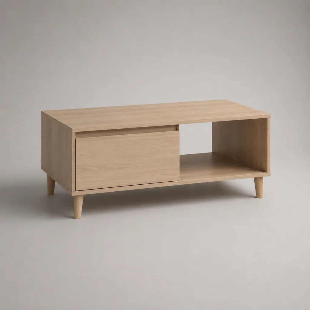Tavolino da salotto rettangolare rovere chiaro con vano aperto e anta scorrevole, 100 x 50 x 50 cm