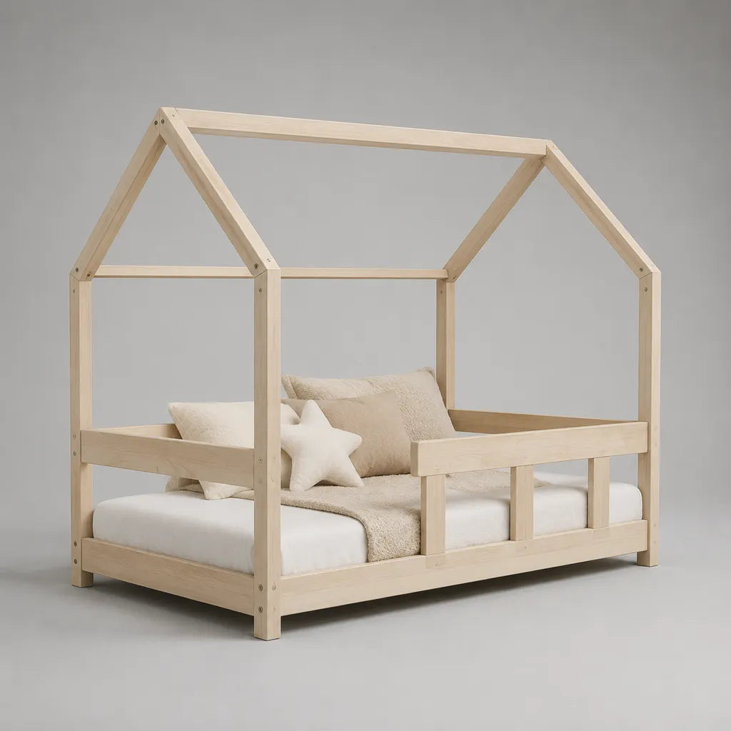 Letto a casetta per bambini 90 x 200 cm in legno di pino massello naturale con sponde di protezione