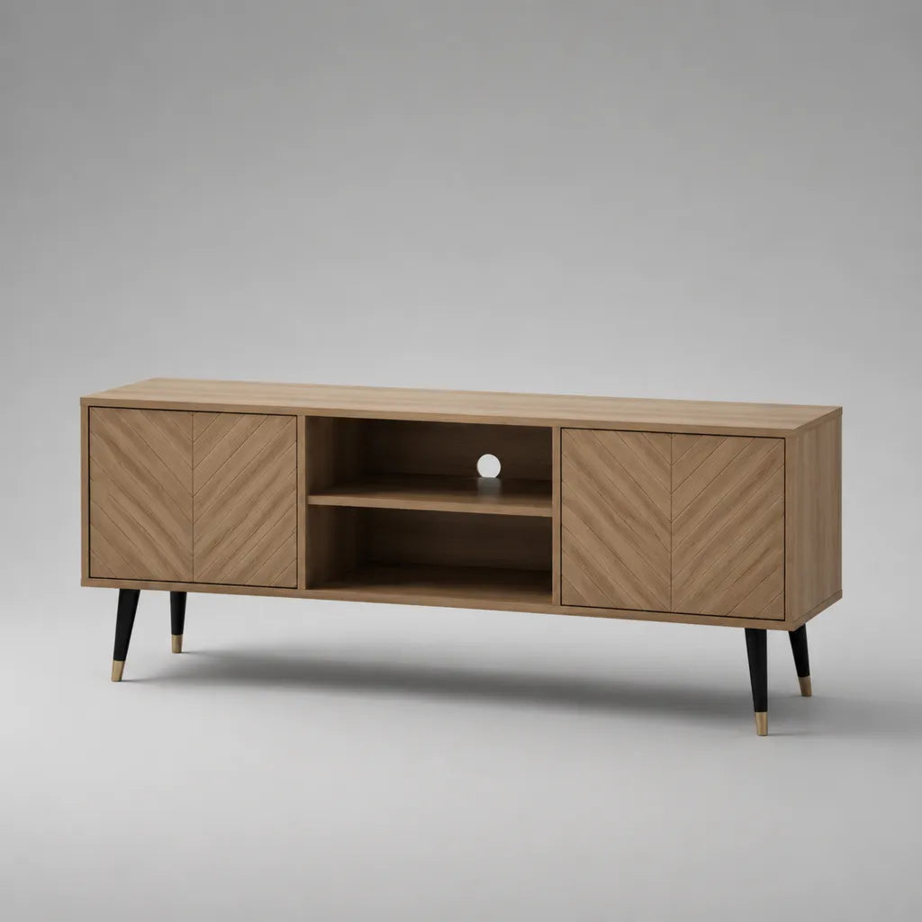 Mobile porta TV rettangolare in MDF con 2 ante e ripiano, 140 x 40 x 60 cm, marrone noce, nero e ottone