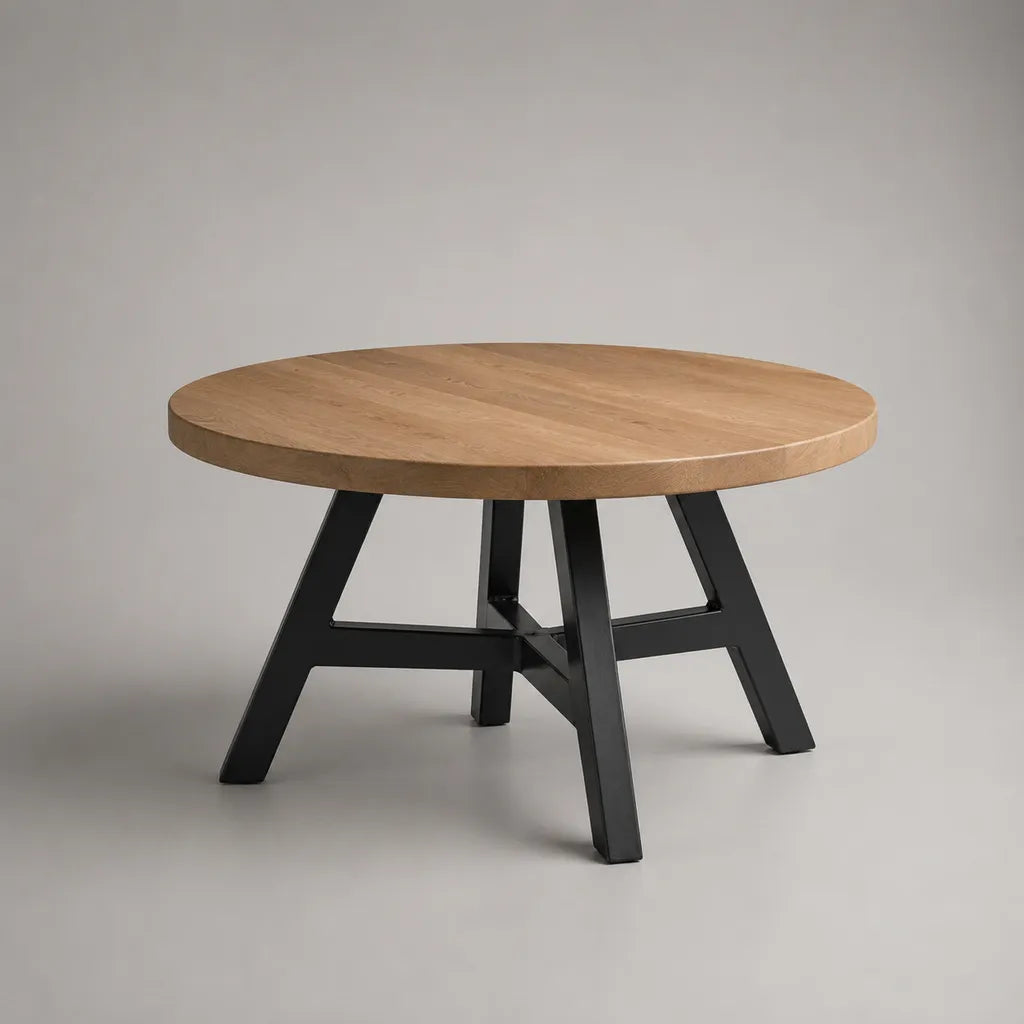 Tavolino da caff¨¨ rotondo in rovere massello e acciaio, ?80 ¡Á H45 cm, marrone naturale e nero