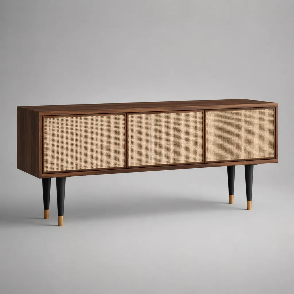 Mobile porta TV basso rettangolare in legno, rattan e metallo con 3 ante, marrone noce e beige, 160 x 40 x 65 cm