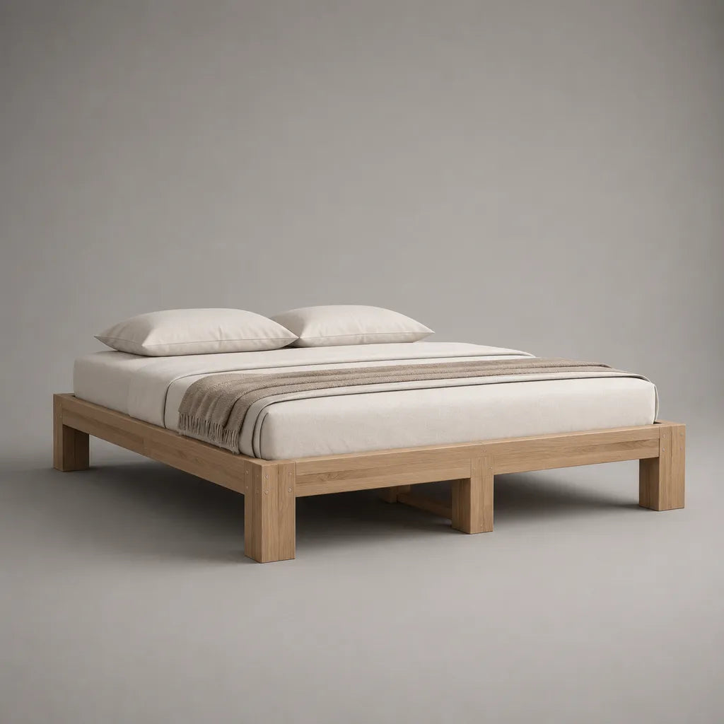 Struttura letto matrimoniale a piattaforma in legno massello, rovere naturale, 168 x 208 x 35 cm, per materasso 160 x 200 cm, senza testiera