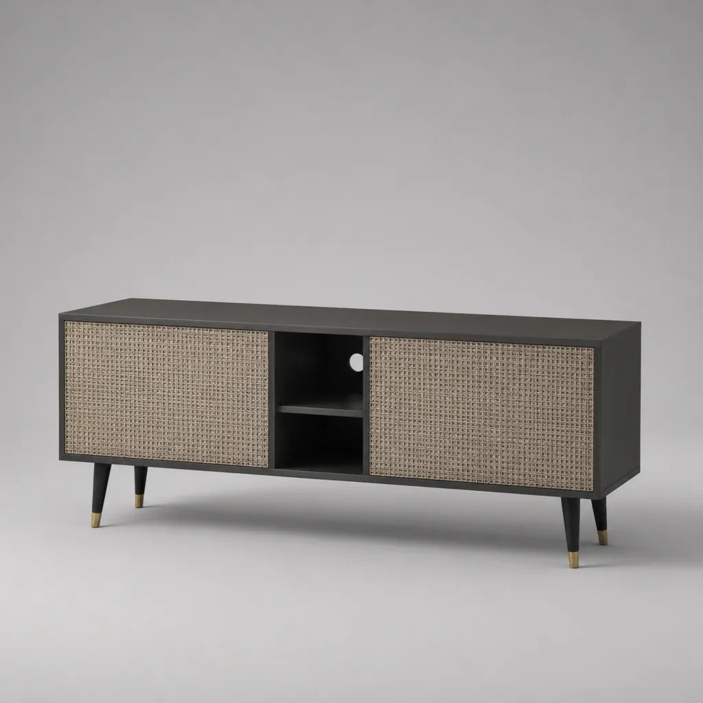 Mobile TV rettangolare in pannelli di particelle melaminici e rattan PE, antracite e beige, 160 x 40 x 60 cm