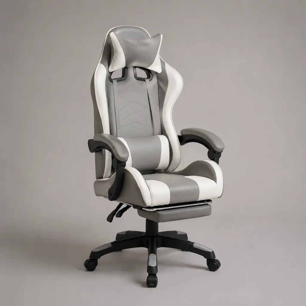 Sedia girevole reclinabile in similpelle con poggiapiedi, supporto lombare e schienale alto, grigio, bianco e nero, 67 ¡Á 70 ¡Á 120-130 cm