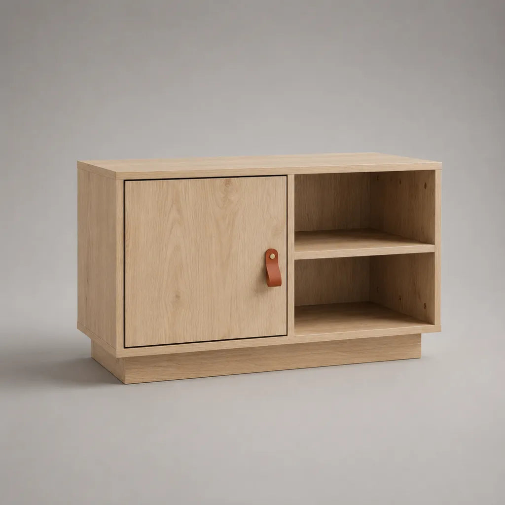 Mobile TV basso in MDF impiallacciato rovere con anta e 2 vani aperti, rovere naturale, 90 ¡Á 40 ¡Á 60 cm