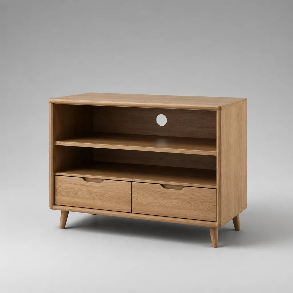 Mobile TV in legno con 2 cassetti, 2 vani aperti e passacavo, rovere naturale, 100 ¡Á 40 ¡Á 80 cm