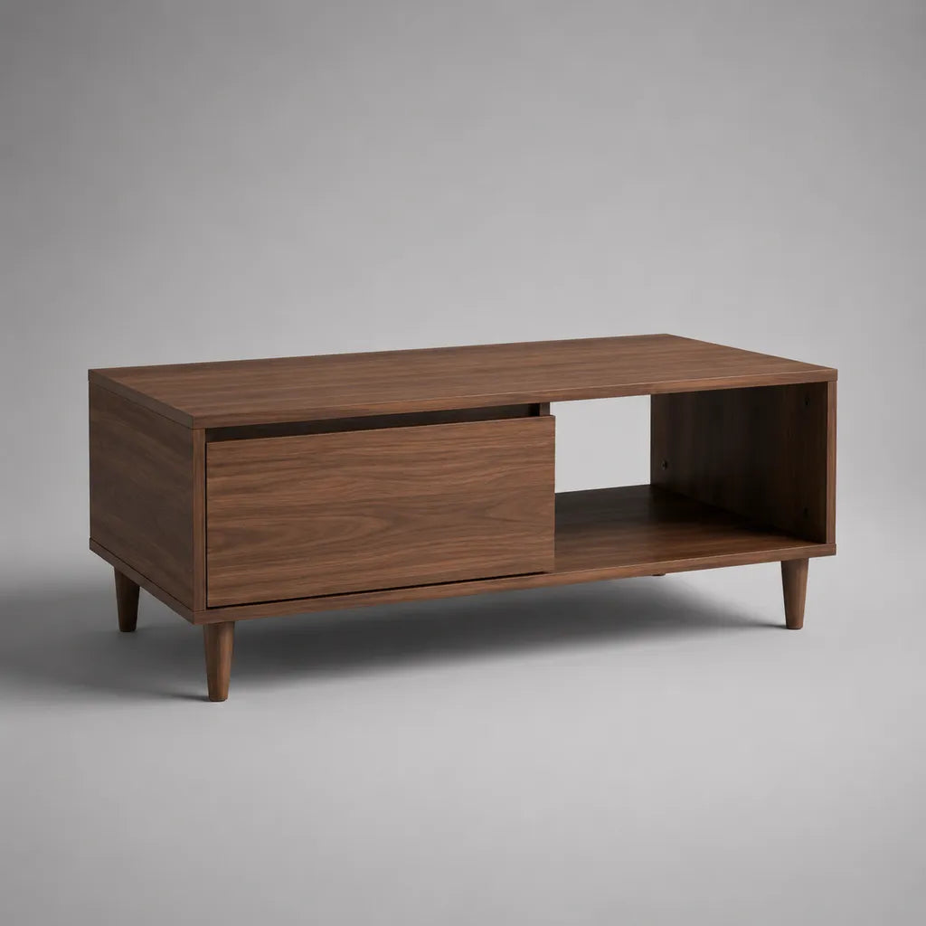 Tavolino da caff¨¨ rettangolare in MDF impiallacciato noce con cassetto e vano aperto, marrone noce, 100 x 50 x 45 cm