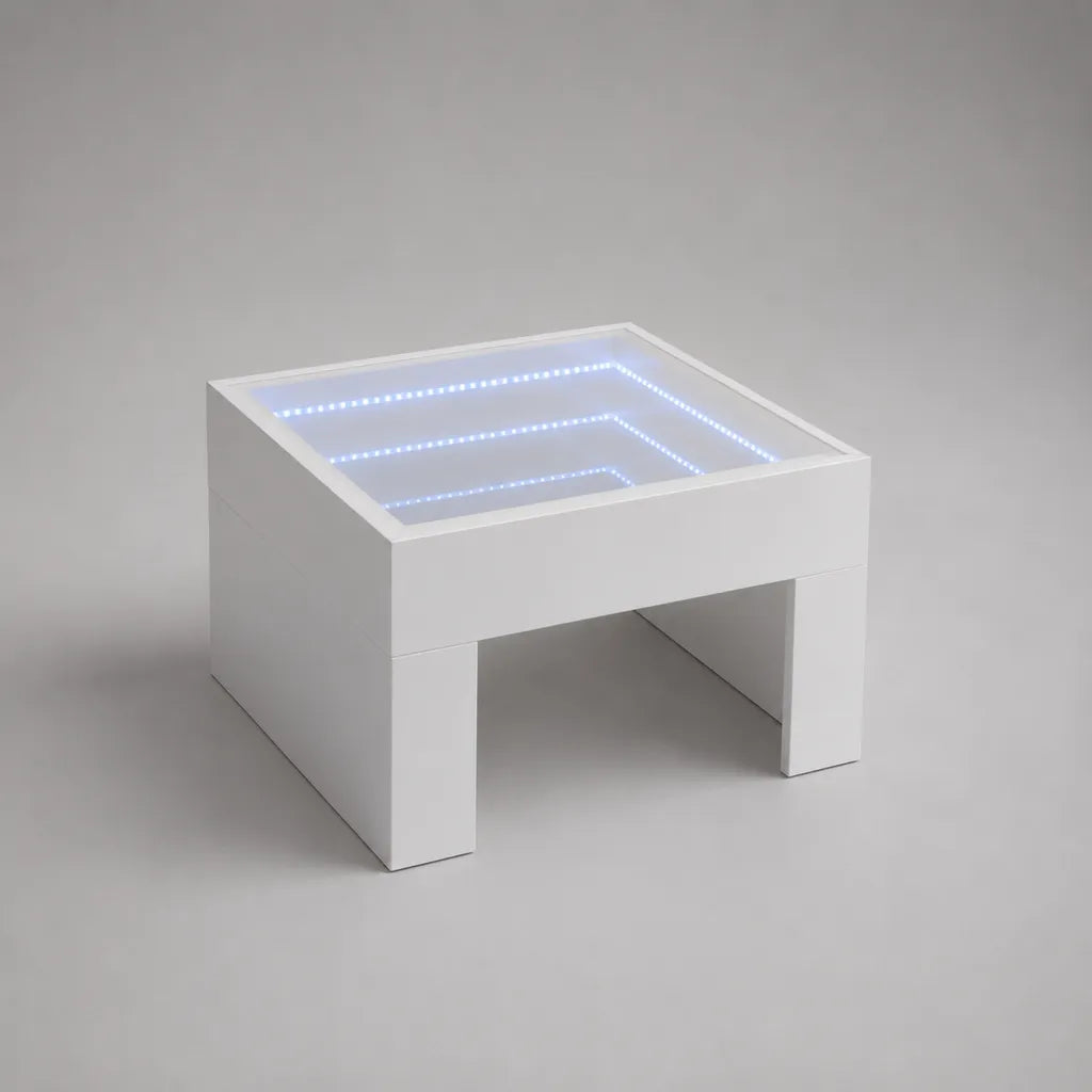 Tavolino quadrato con effetto infinito LED in MDF e vetro, bianco con luce blu ghiaccio, 60 x 60 x 45 cm