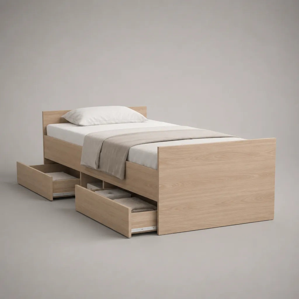 Letto singolo in pannelli di particelle melaminici rovere chiaro con 2 cassetti, 205 x 96 x 80 cm, per materasso 90 x 200 cm