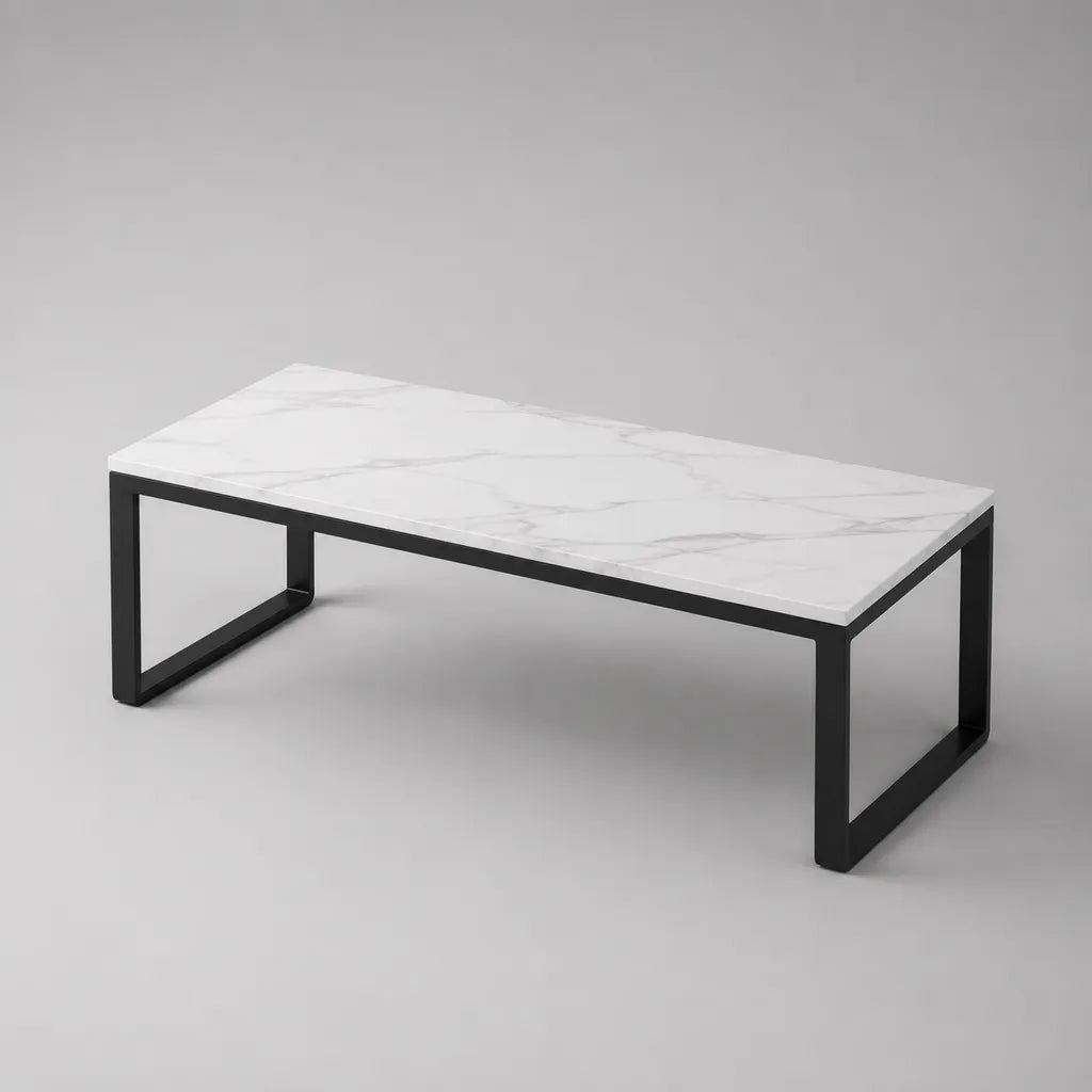 Tavolino da caff¨¨ rettangolare in MDF effetto marmo e acciaio nero, 100 x 50 x 40 cm