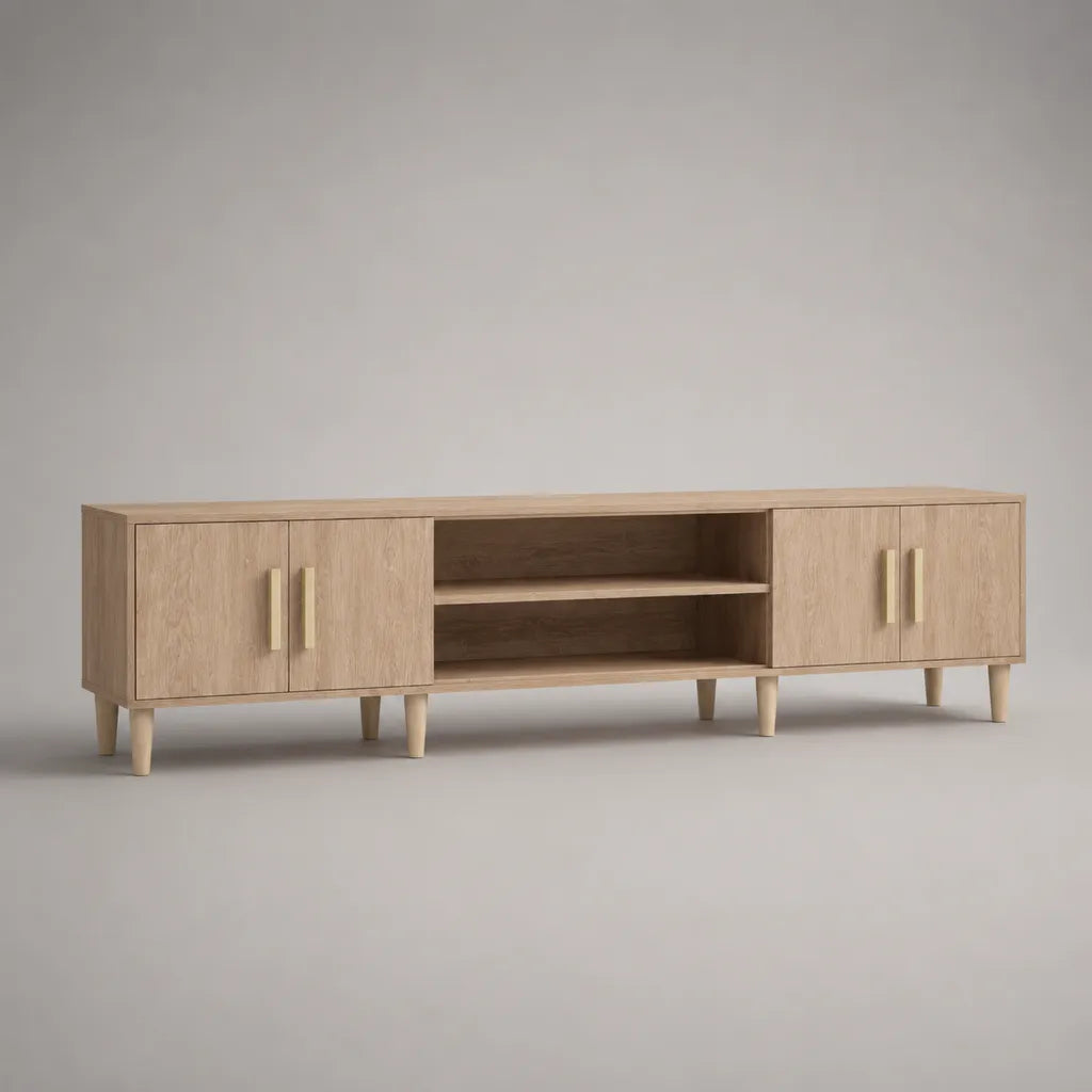 Mobile TV basso in legno, rovere naturale e beige, 4 ante e 2 vani aperti, 180 x 40 x 60 cm