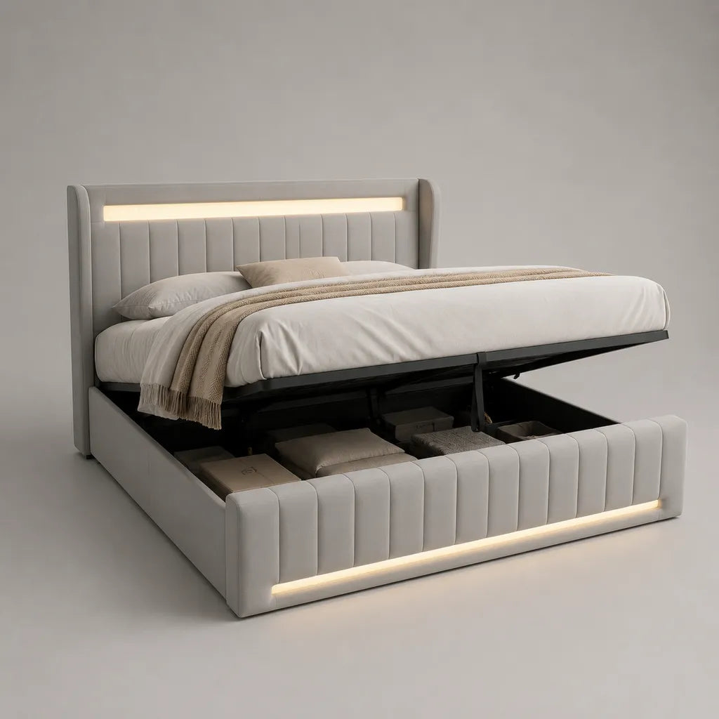 Letto matrimoniale contenitore 160 x 200 cm in velluto di poliestere grigio chiaro con LED e rete sollevabile