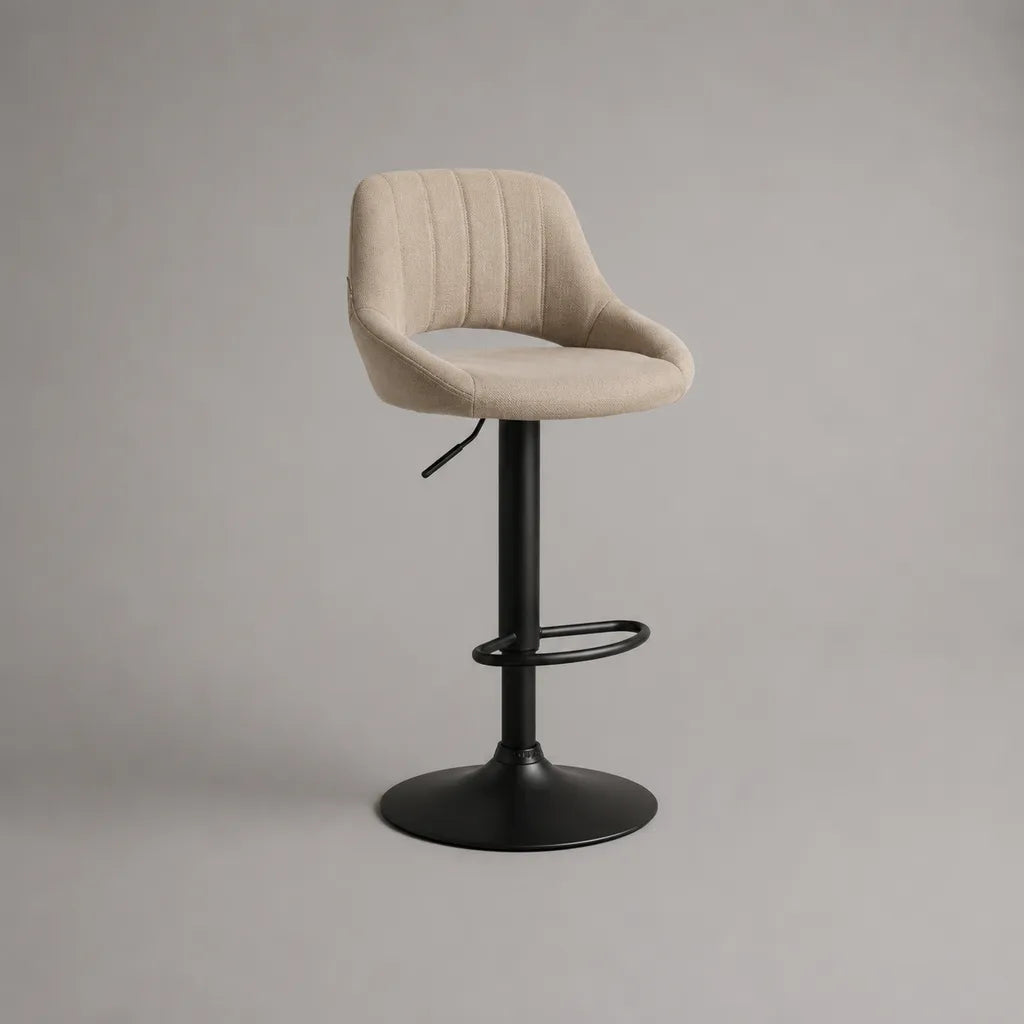 Sgabello da bar girevole regolabile in tessuto e acciaio beige e nero, 52 x 50 x 87-108 cm