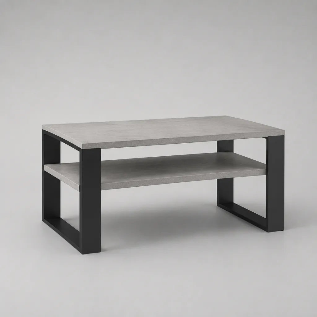 Tavolino da caff¨¨ rettangolare in MDF melaminico effetto cemento con ripiano e telaio in acciaio nero, 100 ¡Á 60 ¡Á 45 cm