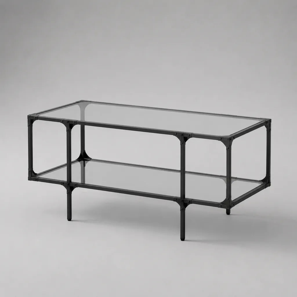 Tavolino da caff¨¨ rettangolare in acciaio nero e vetro grigio fum¨¦, 100 ¡Á 55 ¡Á 45 cm