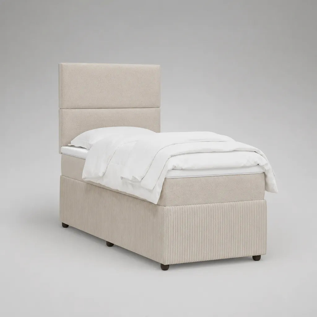 Struttura letto singolo imbottita 90 x 200 cm in tessuto crema a coste con testiera rettangolare, 215 x 105 x 140 cm