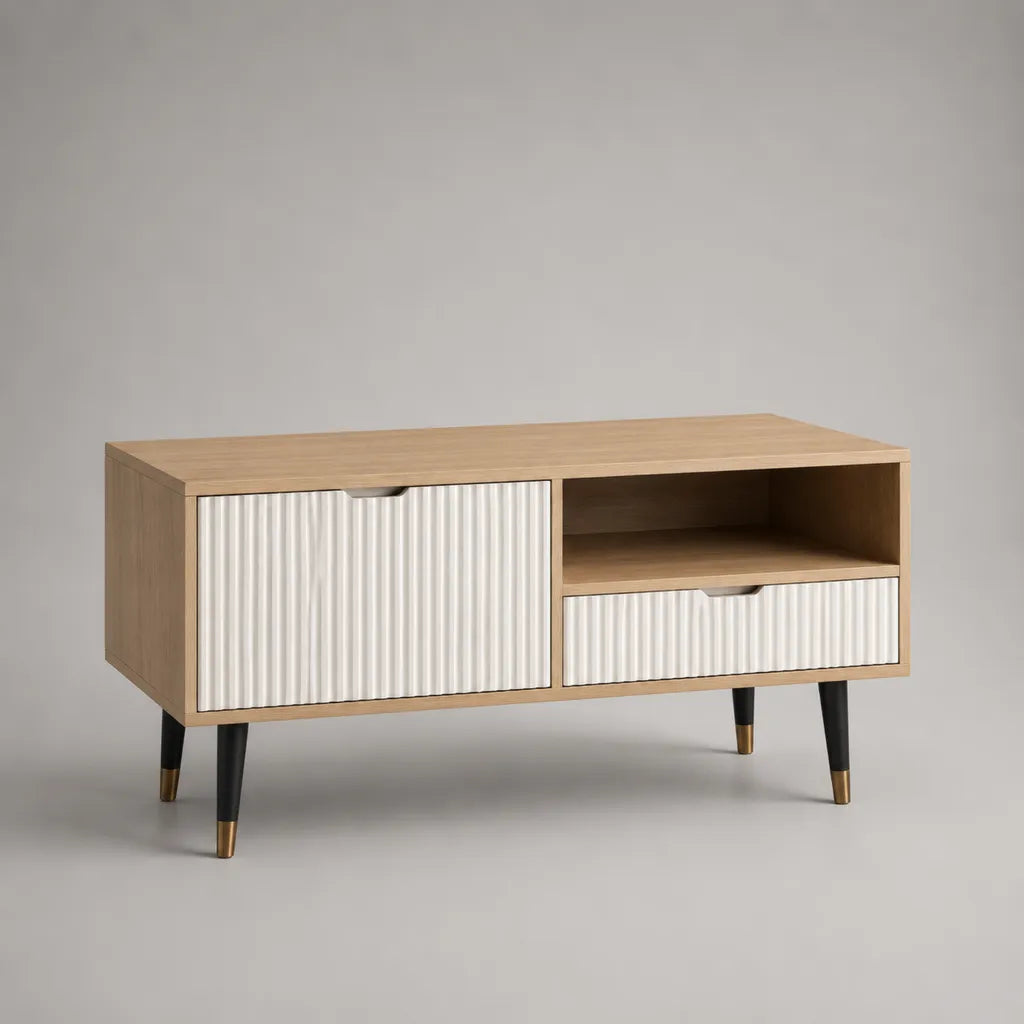 Mobile porta TV rettangolare 100 x 40 x 60 cm in legno, MDF e metallo con anta, cassetto e vano aperto, rovere naturale e bianco