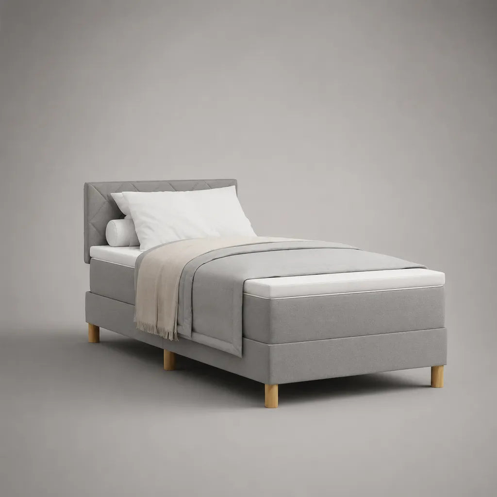 Set letto singolo imbottito 90 x 200 cm in tessuto grigio chiaro con materasso, testiera e gambe in legno