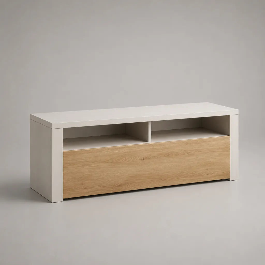 Mobile TV basso rettangolare in legno bianco e rovere naturale, 120 ¡Á 40 ¡Á 50 cm, con 2 vani aperti e anta