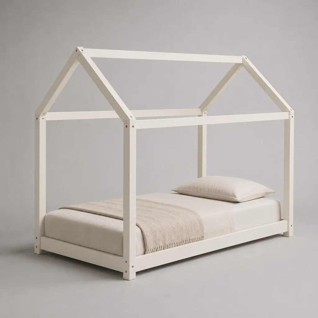 Letto a casetta per bambini in pino massello bianco, materasso 90 ¡Á 200 cm, dimensioni 208 ¡Á 98 ¡Á 170 cm