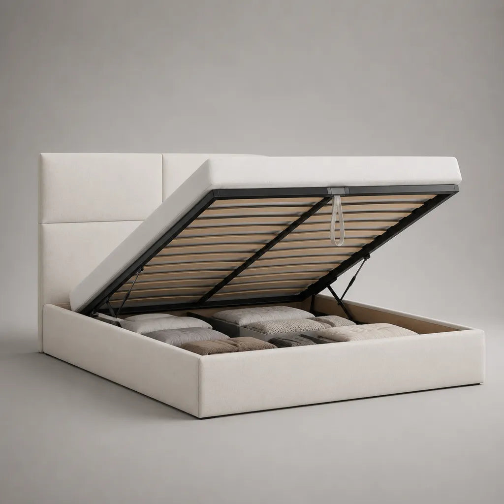 Letto matrimoniale contenitore in tessuto bianco 175 ¡Á 218 ¡Á 110 cm con rete a doghe 160 ¡Á 200 cm e testiera imbottita