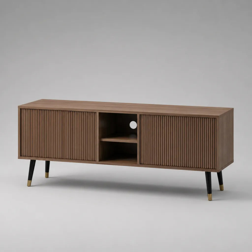 Mobile porta TV rettangolare in legno e metallo con 2 ante scanalate e 2 vani aperti, marrone noce, nero e ottone, 150 ¡Á 40 ¡Á 60 cm