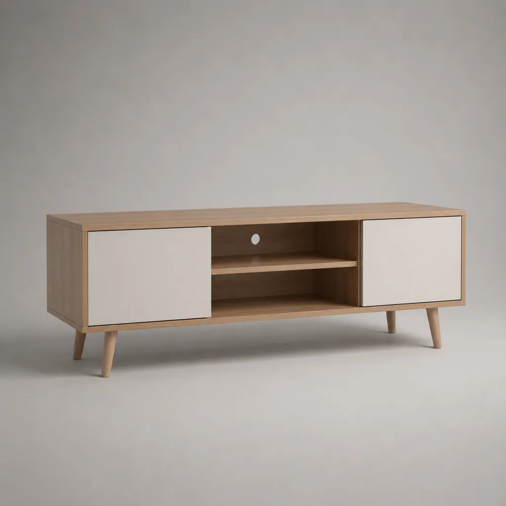 Mobile TV basso in legno con 2 ante e 2 vani aperti, rovere naturale e bianco, 140 ¡Á 40 ¡Á 55 cm