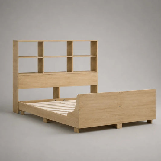 Letto matrimoniale in legno naturale 160 x 200 cm con testiera contenitore a 6 vani e rete a doghe