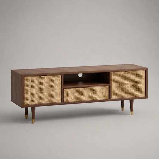 Mobile TV basso rettangolare in MDF, legno e rattan naturale, marrone noce, beige e color ottone, 160 × 40 × 60 cm
