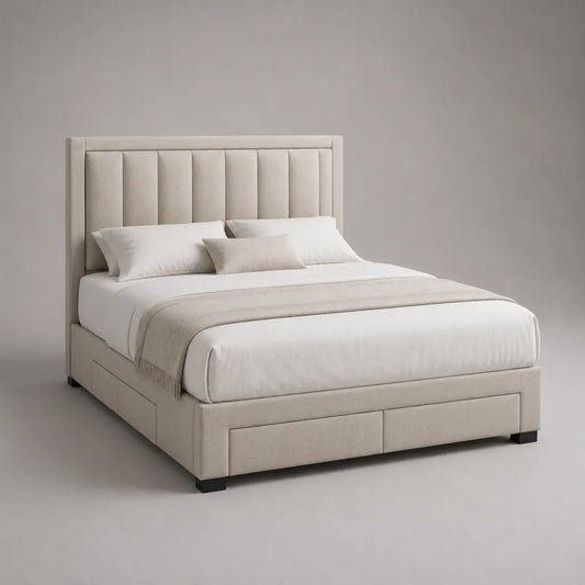 Letto matrimoniale imbottito in tessuto beige 160 x 200 cm, dimensioni 215 x 172 x 130 cm, testiera a pannelli verticali