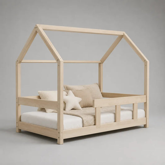 Letto a casetta per bambini 90 x 200 cm in legno di pino massello naturale con sponde di protezione