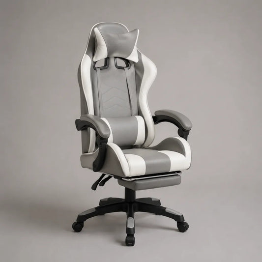 Sedia girevole reclinabile in similpelle con poggiapiedi, supporto lombare e schienale alto, grigio, bianco e nero, 67 ¡Á 70 ¡Á 120-130 cm