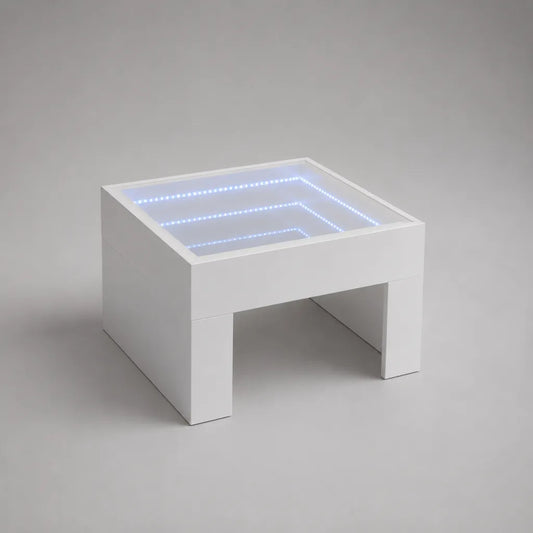 Tavolino quadrato con effetto infinito LED in MDF e vetro, bianco con luce blu ghiaccio, 60 x 60 x 45 cm
