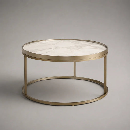 Tavolino da caffè rotondo in pietra sinterizzata e acciaio dorato, Ø 80 × 45 cm