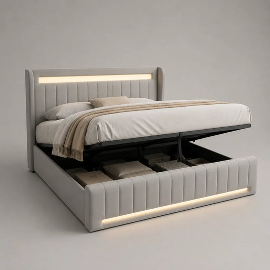 Letto matrimoniale contenitore 160 x 200 cm in velluto di poliestere grigio chiaro con LED e rete sollevabile