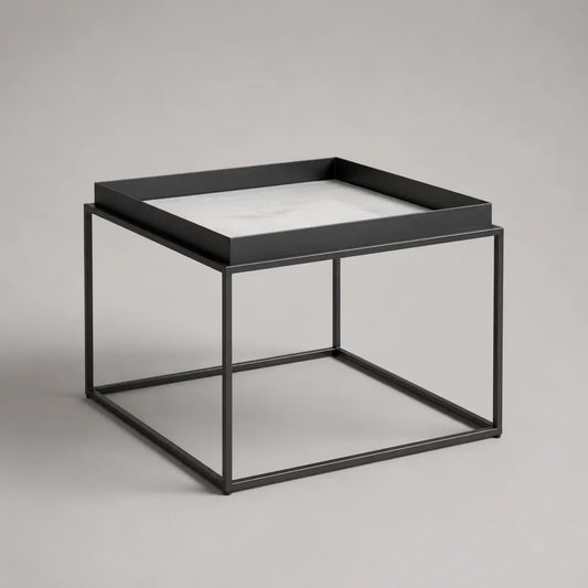 Tavolino da salotto quadrato in acciaio e marmo, 50 × 50 × 45 cm, nero e bianco