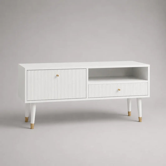 Mobile TV rettangolare in MDF bianco e legno con dettagli in metallo color ottone, anta, cassetto e vano aperto, 120 x 40 x 65 cm