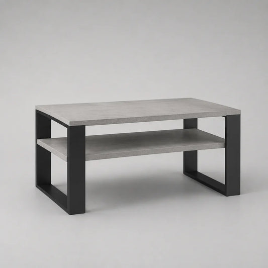 Tavolino da caffè rettangolare in MDF melaminico effetto cemento con ripiano e telaio in acciaio nero, 100 × 60 × 45 cm