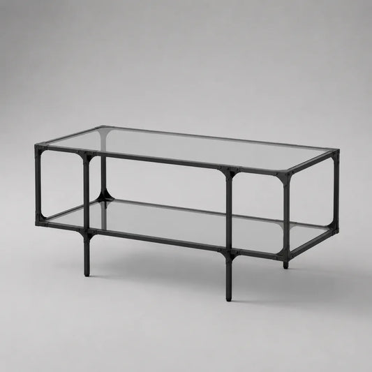 Tavolino da caffè rettangolare in acciaio nero e vetro grigio fumé, 100 × 55 × 45 cm