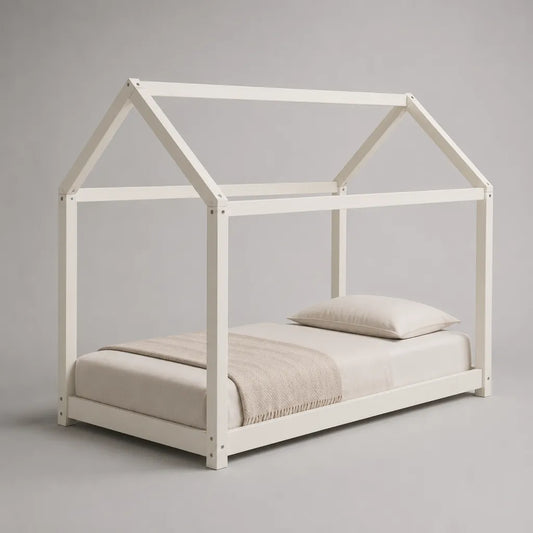 Letto a casetta per bambini in pino massello bianco, materasso 90 × 200 cm, dimensioni 208 × 98 × 170 cm