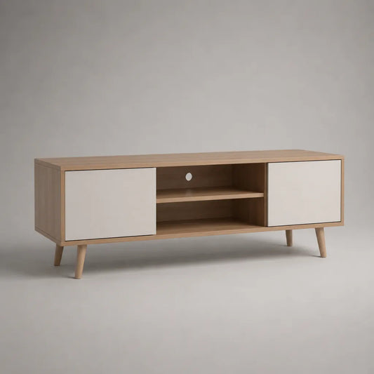 Mobile TV basso in legno con 2 ante e 2 vani aperti, rovere naturale e bianco, 140 × 40 × 55 cm